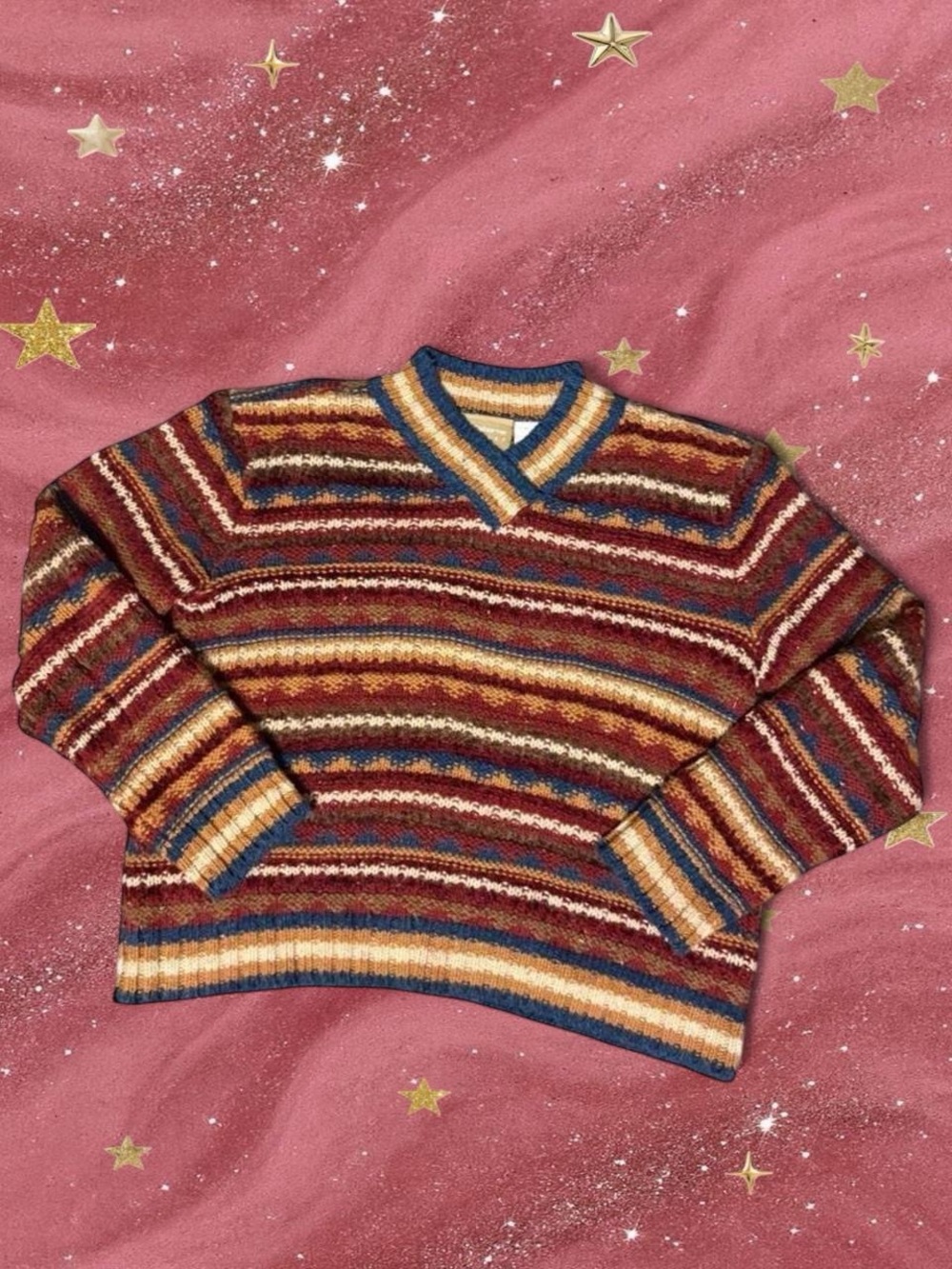 Liz Claiborne Multicolor Striped V-Neck Sweater — Red, Gold, Blue